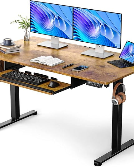 ErGear Electric Standing Desk with Keyboard Tray, 55x28 Inches Adjustable Height Sit Stand Up Desk, Home Office Desk Computer Workstation,Vintage Brown - LeafyLoom