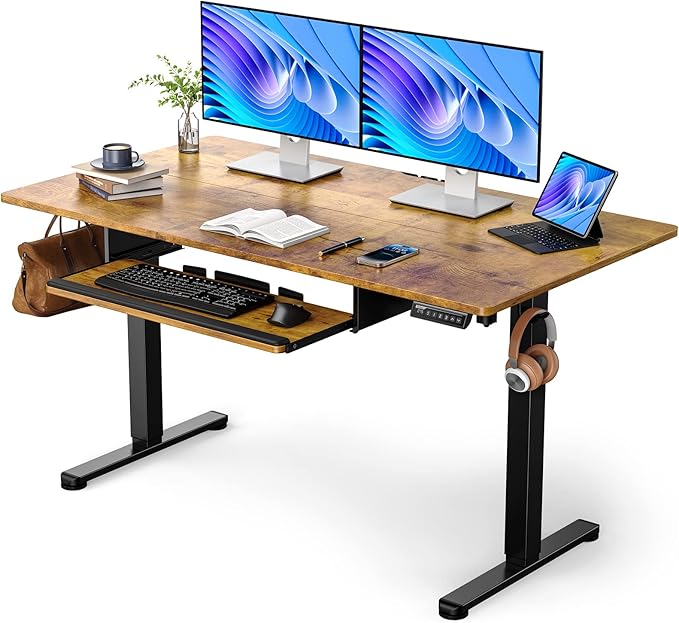 ErGear Electric Standing Desk with Keyboard Tray, 55x28 Inches Adjustable Height Sit Stand Up Desk, Home Office Desk Computer Workstation,Vintage Brown - LeafyLoom