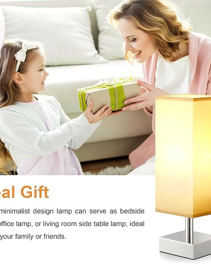 Grey Small Table Lamp for Bedroom - Bedside Lamps for Nightstand, Minimalist Night Stand Lamp with Square Fabric Shade, Desk Reading Lamp for Kids Room Living Room Office, Silver Base - LeafyLoom
