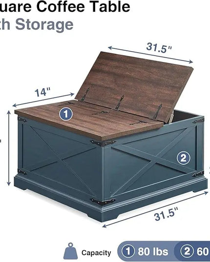 Farmhouse Square Coffee Table with Storage, Wood Center Table with Hinged Lift Top, Rustic Cocktail Table with Large Hidden Storage Compartment for Living Room, Bedroom,Blue - LeafyLoom