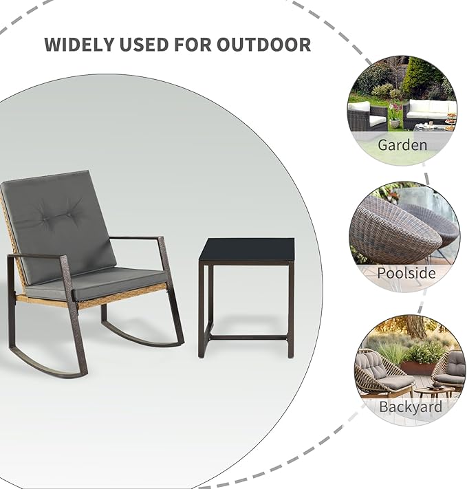 3 Pieces Rocking Chairs Set Balcony Furniture Conversation Sets with Outdoor Table and Chairs,Washable Cushion for Porch,balcony,Garden,Backyard,Poolside Grey - LeafyLoom