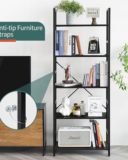 Yoobure 5 Tier Bookshelf - Tall Book Shelf Modern Bookcase for CDs/Movies/Books, Rustic Book Case Industrial Bookshelves Book Storage Organizer for Bedroom Home Office Living Room Black - LeafyLoom