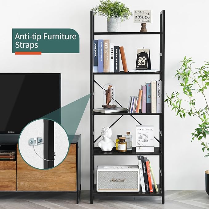 Yoobure 5 Tier Bookshelf - Tall Book Shelf Modern Bookcase for CDs/Movies/Books, Rustic Book Case Industrial Bookshelves Book Storage Organizer for Bedroom Home Office Living Room Black - LeafyLoom