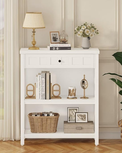 FATORRI Small Bookcase with Drawer, Wood and Metal Bookshelf for Small Space, Short Book Shelf and Low Book Case for Living Room (White Oak) - LeafyLoom