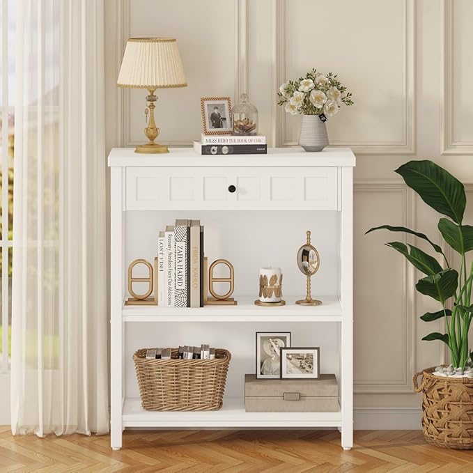 FATORRI Small Bookcase with Drawer, Wood and Metal Bookshelf for Small Space, Short Book Shelf and Low Book Case for Living Room (White Oak) - LeafyLoom