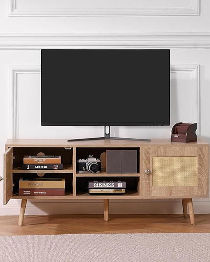 VEVOR Rattan TV Stand, Boho TV Cabinet for 55 inch TV, Mid Century Modern TV Stand, Rattan TV Console with Adjustable Shelfs for Living Room, Media Room, Oak - LeafyLoom