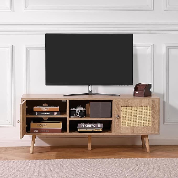 VEVOR Rattan TV Stand, Boho TV Cabinet for 55 inch TV, Mid Century Modern TV Stand, Rattan TV Console with Adjustable Shelfs for Living Room, Media Room, Oak - LeafyLoom