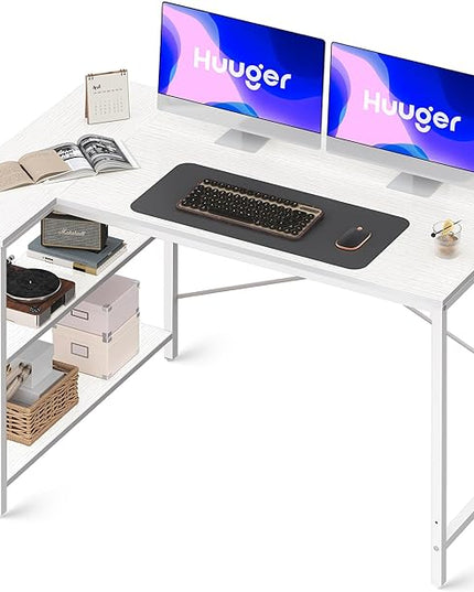 L Shaped Desk, 47 Inches Computer Desk with Reversible Storage Shelves, Gaming Desk, Corner Desk Home Office Desks, Writing Desk Study Desk with Metal Frame, White - LeafyLoom