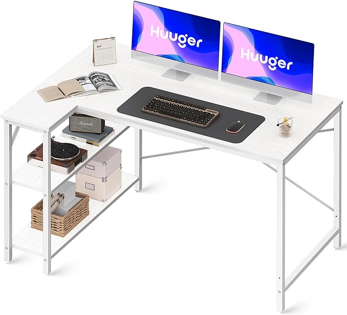 L Shaped Desk, 47 Inches Computer Desk with Reversible Storage Shelves, Gaming Desk, Corner Desk Home Office Desks, Writing Desk Study Desk with Metal Frame, White - LeafyLoom