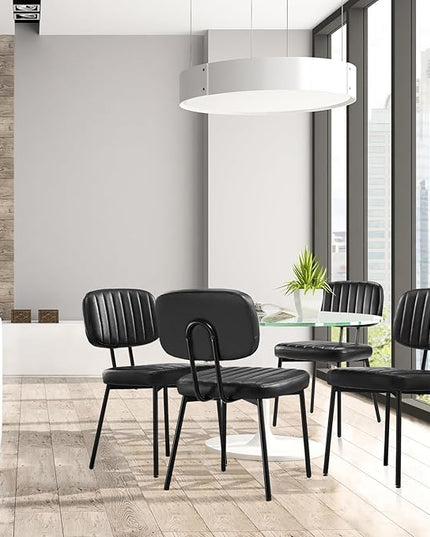 Sweetcrispy Dining Chairs Set of 6, Upholstered Mid Century Modern Kitchen Dining Room Accent Chairs with Faux Leather Cushion Seat & Metal Legs for Kitchen, Living Room - Black - LeafyLoom