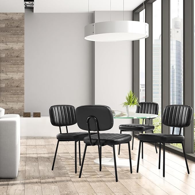 Sweetcrispy Dining Chairs Set of 6, Upholstered Mid Century Modern Kitchen Dining Room Accent Chairs with Faux Leather Cushion Seat & Metal Legs for Kitchen, Living Room - Black - LeafyLoom