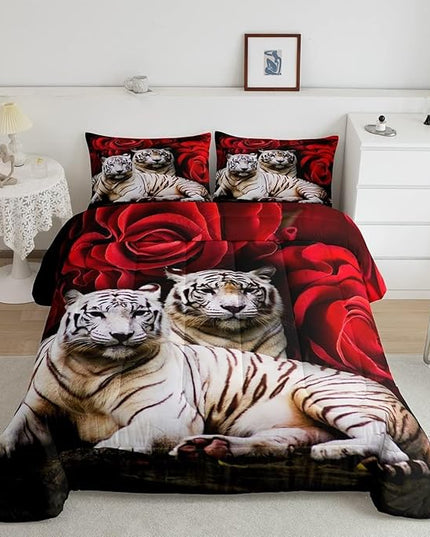 Tiger Comforter Set King, Red Rose Comforter Kids Girls Women,Red Image Of Large Cat Playing with Water Cool Nature Animal Quilted Duvet Insert Gorgeous Floral Flower Bedding Comforters,Brown - LeafyLoom