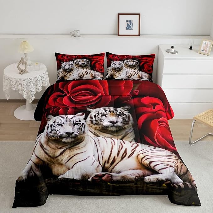 Tiger Comforter Set King, Red Rose Comforter Kids Girls Women,Red Image Of Large Cat Playing with Water Cool Nature Animal Quilted Duvet Insert Gorgeous Floral Flower Bedding Comforters,Brown - LeafyLoom