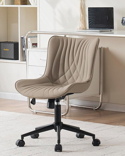 YOUNIKE Office Chair, Desk Chair with Wheels, Home Office Computer Task Chairs, Modern Faux Leather Padded Vanity Chair, Adjustable Swivel Armless Office Chairs with Back, Khaki - LeafyLoom