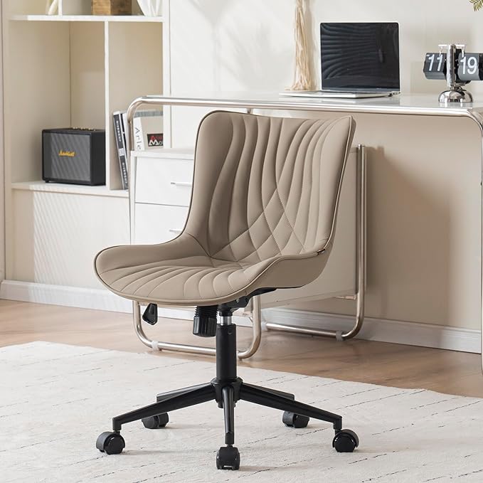 YOUNIKE Office Chair, Desk Chair with Wheels, Home Office Computer Task Chairs, Modern Faux Leather Padded Vanity Chair, Adjustable Swivel Armless Office Chairs with Back, Khaki - LeafyLoom