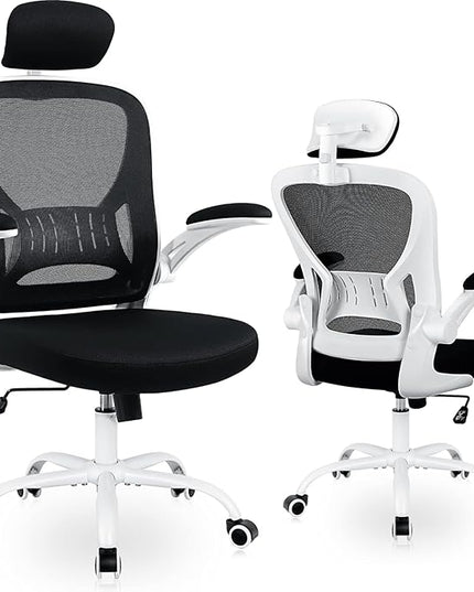 Office Chair Ergonomic Desk Chair Comfort Adjustable Height with Wheels，Lumbar Support Mesh Swivel Computer Home Office Study Task Chair Black (White, 1Pack) - LeafyLoom