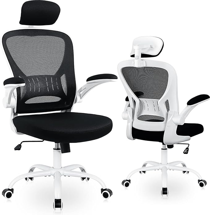 Office Chair Ergonomic Desk Chair Comfort Adjustable Height with Wheels，Lumbar Support Mesh Swivel Computer Home Office Study Task Chair Black (White, 1Pack) - LeafyLoom
