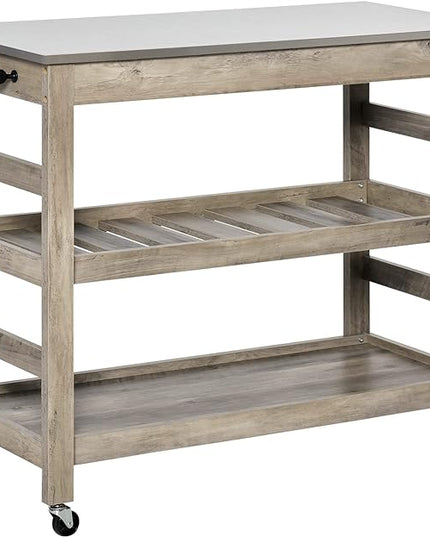 HOMCOM Rolling Kitchen Cart with Stainless Steel Countertop, 1 Bottom Shelf, 1 Slotted Middle Shelf and 4 Castor Wheels, Grey - LeafyLoom