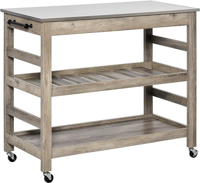 HOMCOM Rolling Kitchen Cart with Stainless Steel Countertop, 1 Bottom Shelf, 1 Slotted Middle Shelf and 4 Castor Wheels, Grey - LeafyLoom