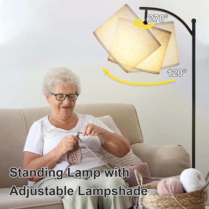 Modern Floor Lamp, 3-Ways Dimmable Standing Lamp with Linen Shade, Adjustable Height, Foot-Step Switch, Reading Lamp for Living Room, Bedroom, Office, 9W Bulb Included (Black) - LeafyLoom