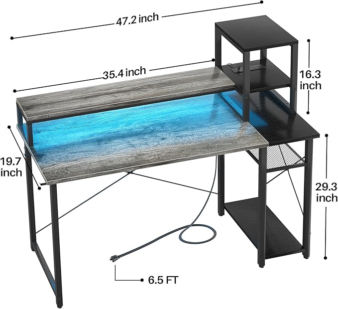 47.2'' Gaming Desk with LED and storage Shelves, 47 Computer Desk with Long Monitor Stand, Small Desk for Small Space, Simple Study Student Writing Desk, Laptop Table for Home Office, Grey - LeafyLoom
