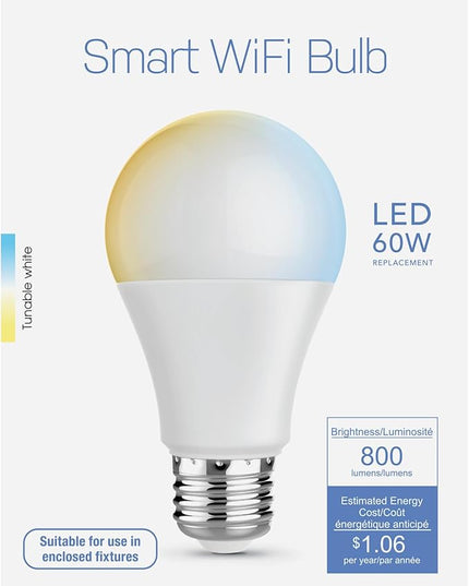 Feit Electric A19 Smart LED Light Bulb, 60W Equivalent, Tunable White, Alexa & Google Home Compatible, 2.4 GHz Wi-Fi, 90+ CRI, Non-Dimmable, 800 Lumens, 25,000-Hour Lifetime, OM60/CCT/CA/AG FeitElectricCompany
