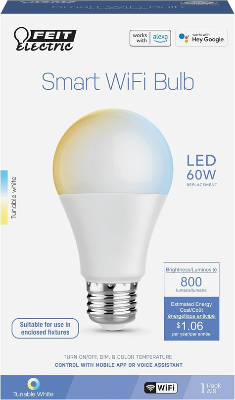 Feit Electric A19 Smart LED Light Bulb, 60W Equivalent, Tunable White, Alexa & Google Home Compatible, 2.4 GHz Wi-Fi, 90+ CRI, Non-Dimmable, 800 Lumens, 25,000-Hour Lifetime, OM60/CCT/CA/AG FeitElectricCompany