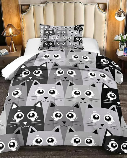 Cat Comforter Set Twin Size - 2Pcs Grey Cat Bedding Set for Boys Girls Teens Cute Animals Themed Bedding Set Warm Ultra Soft Cartoon Cat Quilt Cover with 1 Pillowcase for Kids Room Decor - LeafyLoom