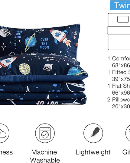beeweed 5 Piece Kid Comforter Set Twin Size, Space Rocket Bedding Set for Teen Boys Girls - LeafyLoom