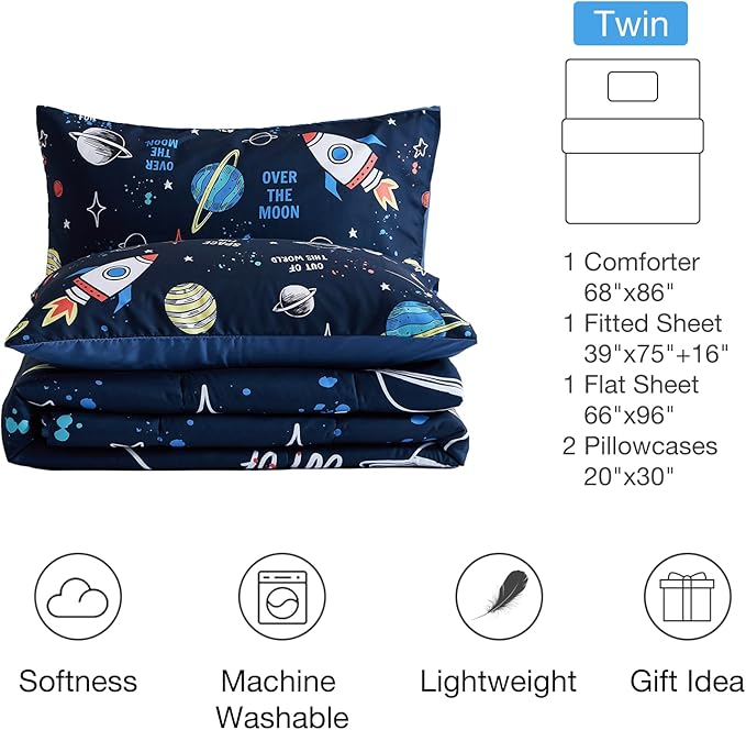 beeweed 5 Piece Kid Comforter Set Twin Size, Space Rocket Bedding Set for Teen Boys Girls - LeafyLoom