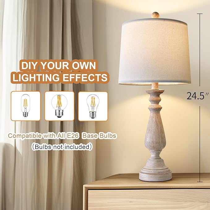 PORTRES 24.5" Mid Century Single Table Lamp for Living Room Farmhouse Linen Bedside Lamps for Bedroom Kids Room Dorm Office Rustic Lamps for End Table Nigntstand Resin - LeafyLoom