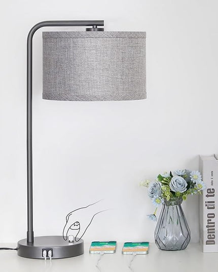 Gray Bedside Lamp with Dual USB Charging Ports, Fully Dimmable Modern Nightstand Lamp with Grey Fabric Shade, Tall Reading Lamp Desk Lamp for Bedroom Living Room Office with 3000K LED Bulb - LeafyLoom