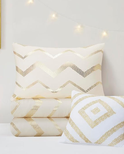 Codi Cream White and Gold Comforter Set for Full/Queen Size Bed, Cute Metallic Ivory Bed Sets, 4 Piece (2 Matching Shams + 1 Decorative Pillow) - LeafyLoom