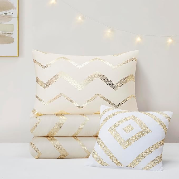 Codi Cream White and Gold Comforter Set for Full/Queen Size Bed, Cute Metallic Ivory Bed Sets, 4 Piece (2 Matching Shams + 1 Decorative Pillow) - LeafyLoom