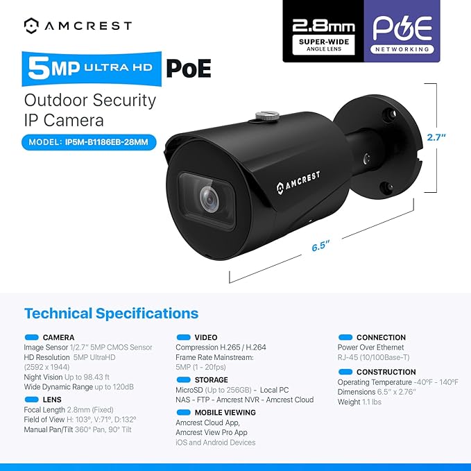 Amcrest UltraHD 5MP Outdoor POE Camera 2592 x 1944p Bullet IP Security Camera, Outdoor IP67 Waterproof, 103° Viewing Angle, 2.8mm Lens, 98.4ft Night Vision, 5-Megapixel, IP5M-B1186EB-28MM (Black) Amcrest