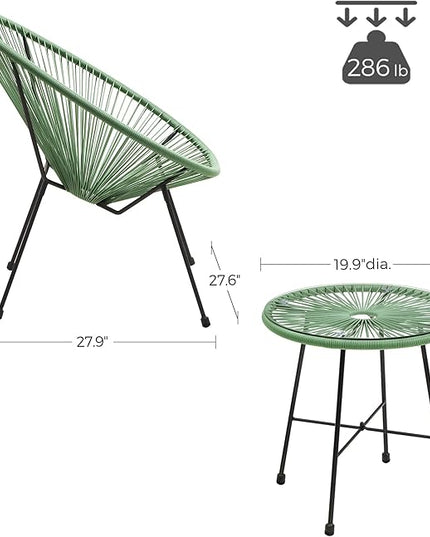 SONGMICS 3-Piece Outdoor Seating Acapulco Chair, Modern Patio Furniture Set, Glass Top Table and 2 Chairs, Indoor and Outdoor Conversation Bistro Set, Light Green UGGF011C01 - LeafyLoom