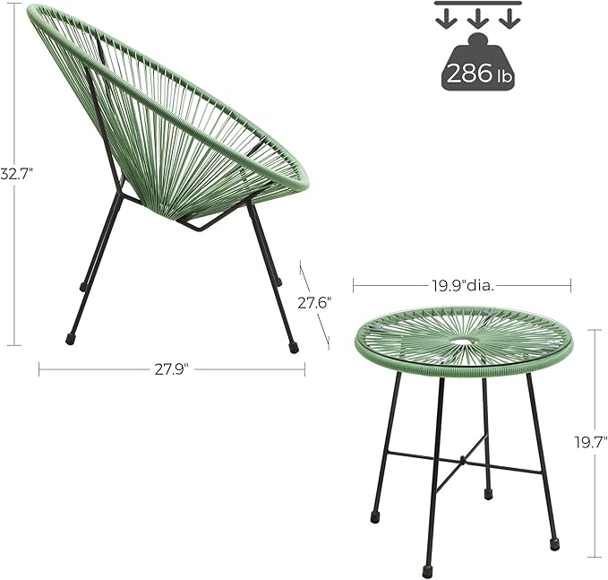 SONGMICS 3-Piece Outdoor Seating Acapulco Chair, Modern Patio Furniture Set, Glass Top Table and 2 Chairs, Indoor and Outdoor Conversation Bistro Set, Light Green UGGF011C01 - LeafyLoom