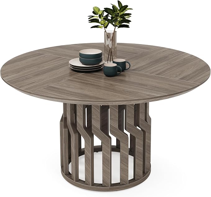 Round Dining Table for 4-6 People, 47-Inch Gray Dining Room Table, All-Wood Design Circle Kitchen Table with Strong Pedestal Base, Modern Dinner Table for Dining Room - LeafyLoom