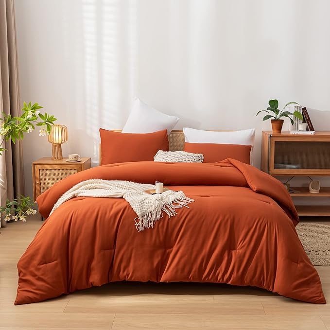 Terracotta Queen Comforter Solid Color 3PCS Boho Bed Comforter Set Queen Size Soft Lightweight Down Alternative Microfiber Comforter for All Season (1 Comforter, 2 Pillowcases) - LeafyLoom