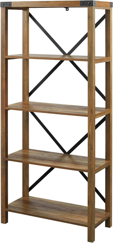 Walker Edison Andersen Urban Industrial Metal X Back 4 tier Bookshelf, 64 Inch, Rustic Oak - LeafyLoom