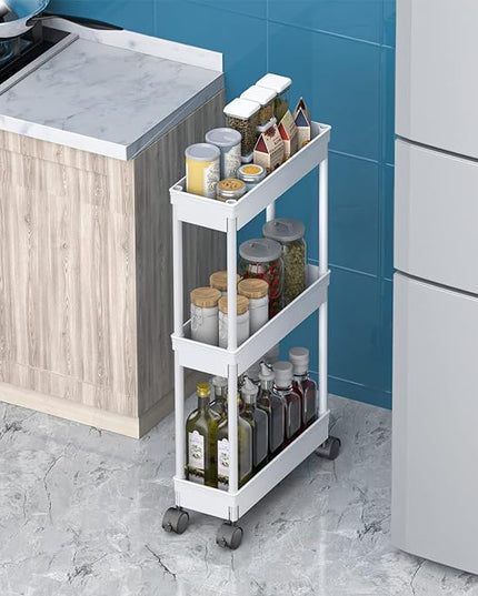 Sooyee 3 Tier Rolling Cart with Wheels,Slim Storage Cart,Narrow Storage Cabinet,Under Desk Storage,Rolling Utility Cart Storage Organizer for Office Bathroom Kitchen Laundry Room Narrow Places, White - LeafyLoom