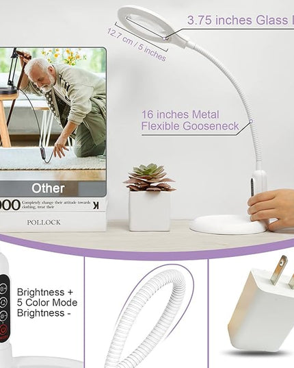 2-in-1 Magnifying Glass with Light and Stand, 5 Lighting Modes Stepless Dimmable LED Magnifying Clamp Lamp, 10X Desk Lighted Magnifier Hands Free for Craft Close Work Mini Painting Hobby White - LeafyLoom