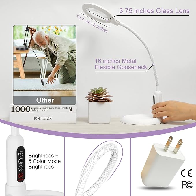 2-in-1 Magnifying Glass with Light and Stand, 5 Lighting Modes Stepless Dimmable LED Magnifying Clamp Lamp, 10X Desk Lighted Magnifier Hands Free for Craft Close Work Mini Painting Hobby White - LeafyLoom