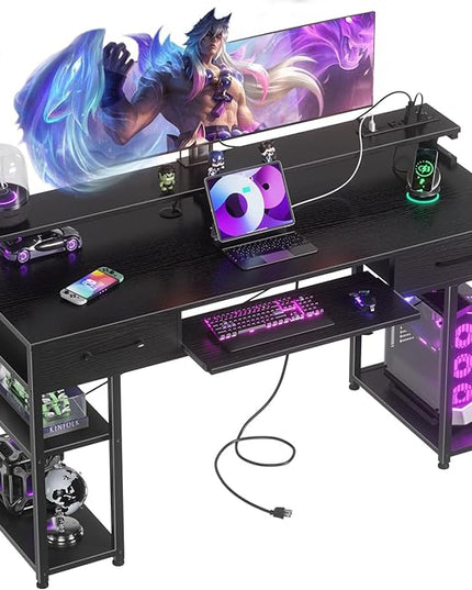 ODK Computer Desk with Drawers & Power Outlet, 55 Inch Office Desk with Keyboard Tray & Storage Shelves & PC Stand, Office Table Work Desk with Monitor Stand, Black - LeafyLoom