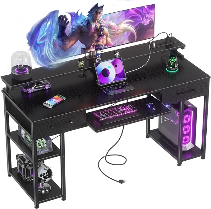 ODK Computer Desk with Drawers & Power Outlet, 55 Inch Office Desk with Keyboard Tray & Storage Shelves & PC Stand, Office Table Work Desk with Monitor Stand, Black - LeafyLoom