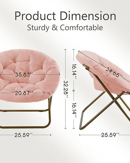 Sweetcrispy Cozy Saucer Chairs Faux Fur Living Room Reading Lounge Furniture Folding Comfy with Soft Thick Padded Seat Metal Frame Modern Style for Bedroom Home Adults, X-Large, Pink - LeafyLoom