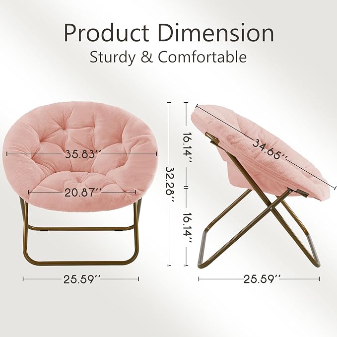 Sweetcrispy Cozy Saucer Chairs Faux Fur Living Room Reading Lounge Furniture Folding Comfy with Soft Thick Padded Seat Metal Frame Modern Style for Bedroom Home Adults, X-Large, Pink - LeafyLoom
