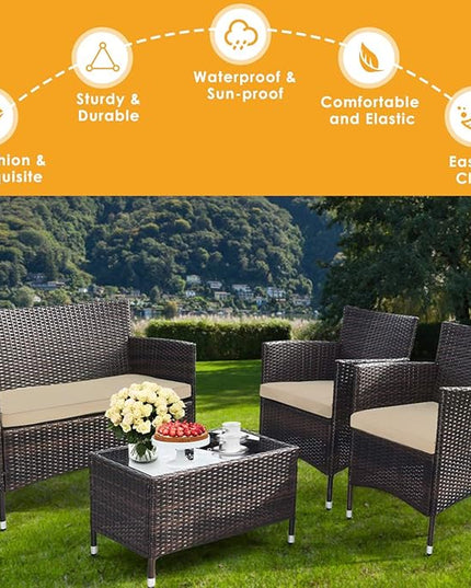 Goplus 4-Piece Rattan Patio Set, Outdoor/Indoor Wicker Conversation Set for Pool, Backyard, Lawn, Wicker Chairs and Sofa with Soft Cushion, Rattan Furniture with Tempered Glass Coffee Table - LeafyLoom