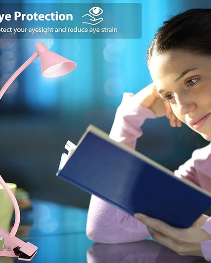Desk Clip Reading Light, 3 Light Modes 10 Dimmable Brightness, Eye-Caring Bedroom Bedside Lamp, Flexible Neck Clamp Lamp（Pink） - LeafyLoom