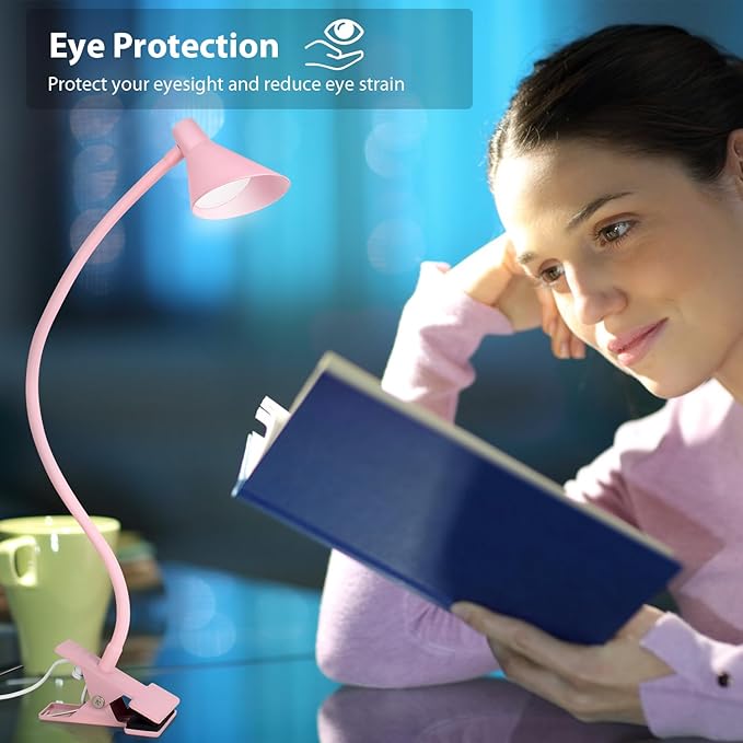 Desk Clip Reading Light, 3 Light Modes 10 Dimmable Brightness, Eye-Caring Bedroom Bedside Lamp, Flexible Neck Clamp Lamp（Pink） - LeafyLoom